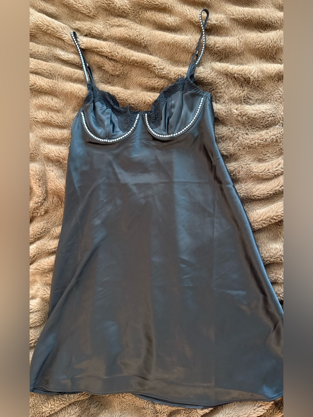 Victoria’s Secret Black Satin Slip w/ Bedazzled Straps & Outlined Bust, Small